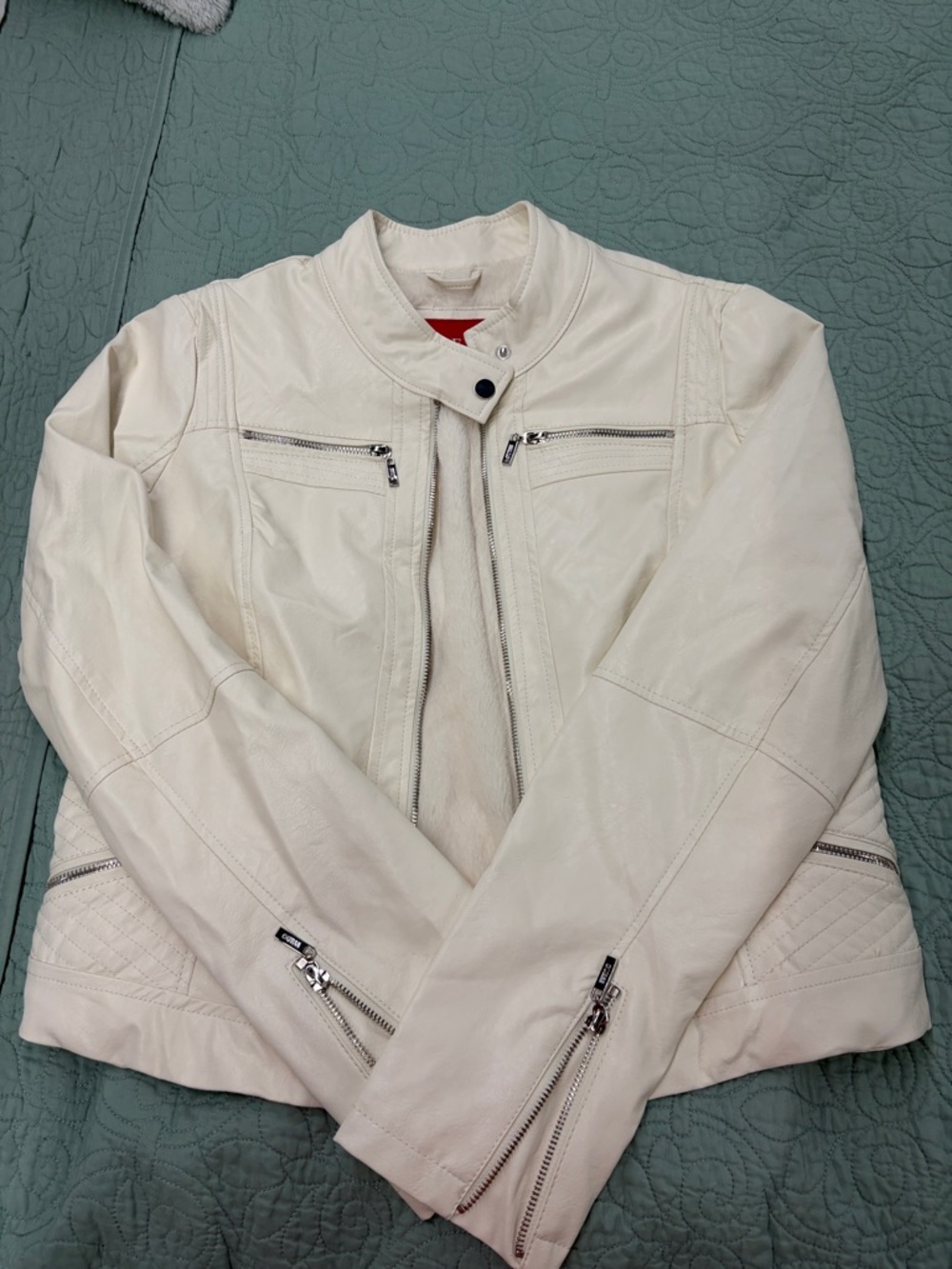 Guess Cream Moto Leather Jacket with Zip Details